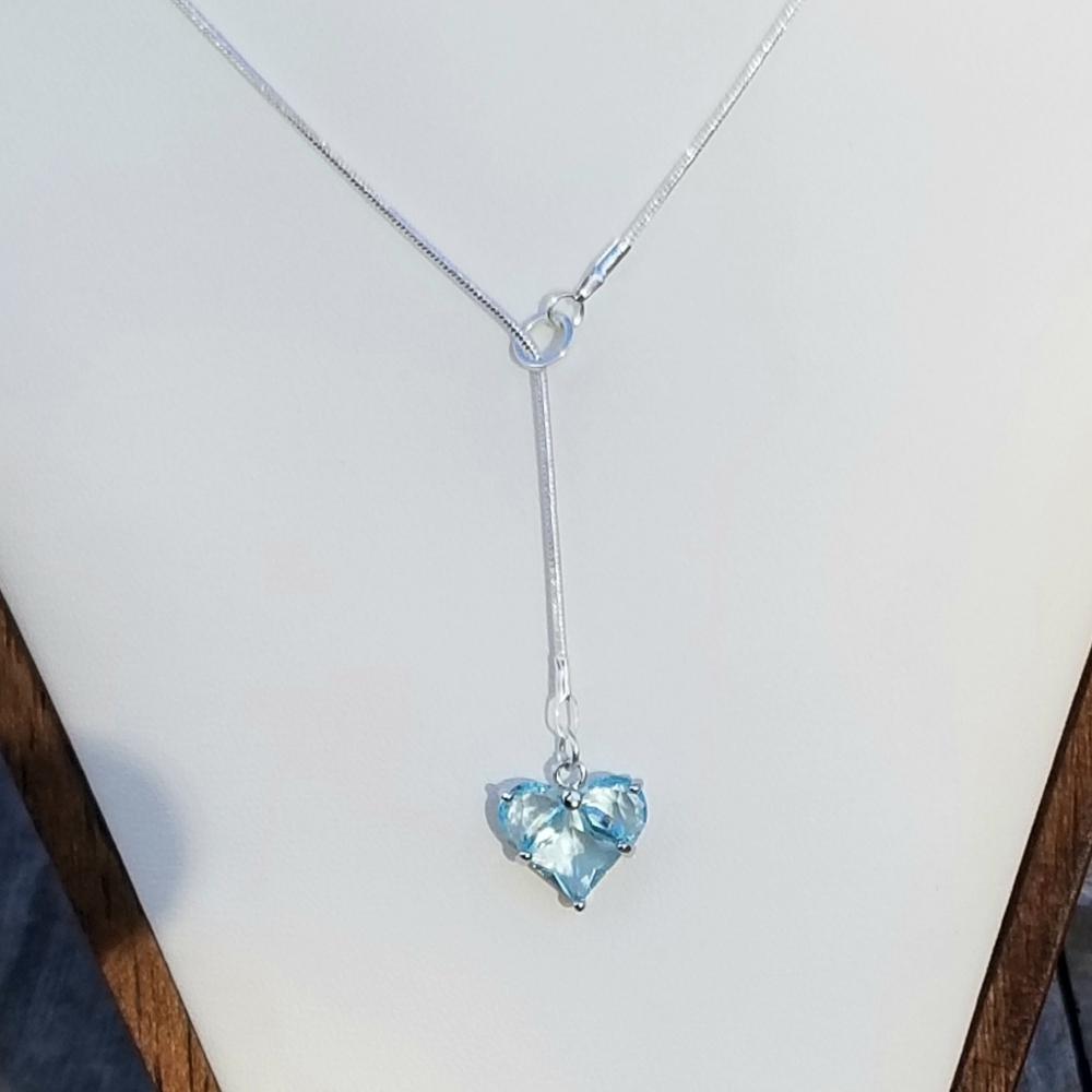 Sterling Silver Aquamarine Heart Lariat Necklace March Birthstone Necklace